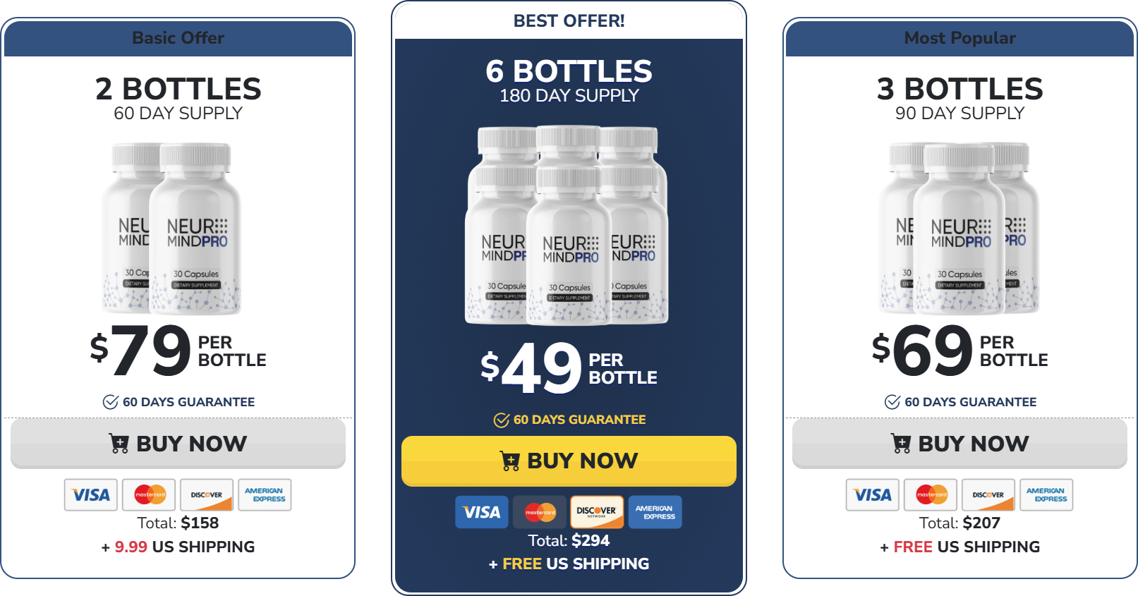 NeuroMind Pro package pricing options — 2, 3 and 6 bottle bundles