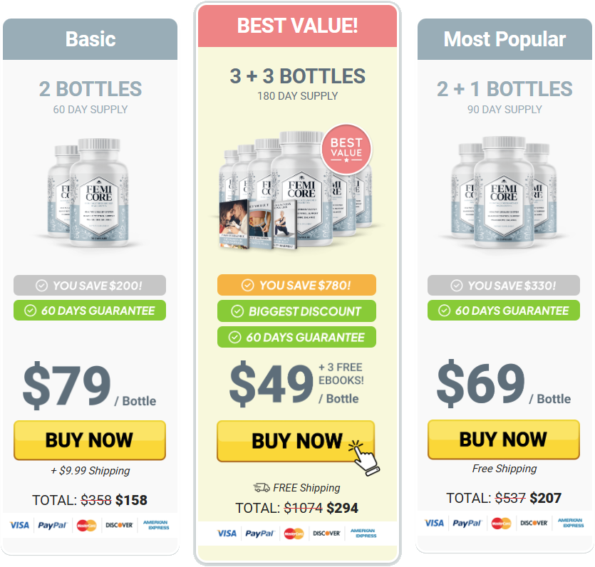 FemiCore package options — 2, 3, and 6 bottle